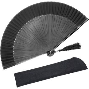 OMyTea Sexy Black Folding Hand Held Rave Bamboo Fan for Women - Chinese Japanese Spanish Handheld Fan - for Wedding, Decoration, Performance, Dancing, Church, Party, Gifts