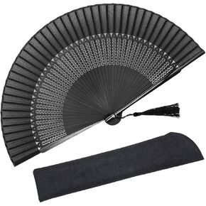 OMyTea Sexy Black Folding Hand Held Rave Bamboo Fan for Women - Chinese Japanese Spanish Handheld Fan - for Wedding, Decoration, Performance, Dancing, Church, Party, Gifts