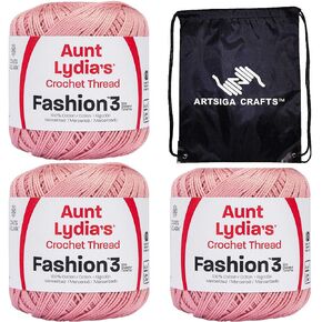 خيط كروشيه أنيق من Aunt Lydia مقاس 3 بنفسجي ناعم 182-1040 (3-Skeins) نفس مجموعة الصبغة مقاس 30 حزمة قطن مرسيريزد 100% ناعمة مع 1 حقيبة Artsiga Craft in Kuwait