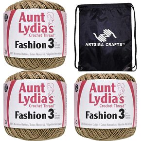 خيط كروشيه أنيق من Aunt Lydia مقاس 3 بنفسجي ناعم 182-1040 (3-Skeins) نفس مجموعة الصبغة مقاس 30 حزمة قطن مرسيريزد 100% ناعمة مع 1 حقيبة Artsiga Craft