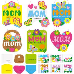Oudain 24 Pcs Mother's Day Banner Craft Kit DIY Mother's Day Craft for Kids Mother's Day Projects for Kids Home School Classroom Fun Activities DIY Mother's Day Gift Craft for Kids (Colorful Styles)