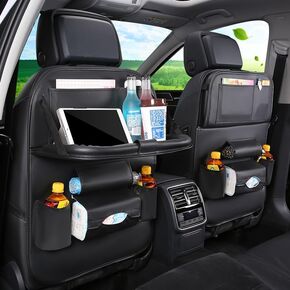 TEDATATA Leather Car Seat Storage, Car Seat Back Storage Bag Hanging Bag, Back Seat Protector Kick Mats, Foldable & Easy Clean, with Dining Table+7 Storage Pockets
