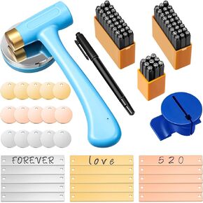97 Pcs Jewelry Metal Stamping Kit Metal Stamps Set Include Art Font Letter Punch Set Number Punch Set Hammer and Steel Bench Block for Imprinting Marking on Metal Wood Leather, 3 mm