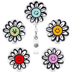 Qinsuee Graffiti Sunflower Retractable Badge Holder with Alligator Clip, 24 inch Retractable Cord, ID Badge Reel, 5 Pack