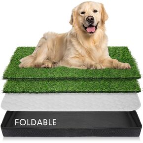 35'' x 22.6'' Dog Grass Pad Large Patch Potty with 2 Artificial Dog Grass Washable Puppy Pee Pad Foldable Dog Litter Box Indoor Outdoor Dog Potty Portable Pet Loo for Travel Balcony