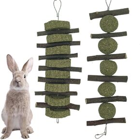 2pcs Rabbits Bunny Treats Natural pple Sticks with Timothy Hay Grass Cake Aple Branches with Grass Biscuit Chew Toys Pets Treats for Chinchilla Guinea Pigs Hamster