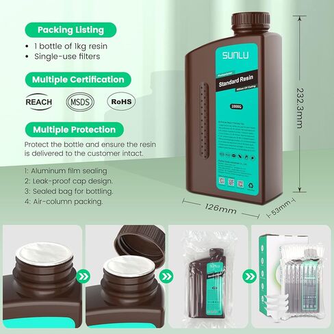 SUNLU 3D Printer الراتنج 2 كجم، راتنج فوتوبوليمير قياسي سريع المعالجة لطابعة 4K/8K LCD/DLP/SLA راتنج ثلاثية الأبعاد، 405 نانومتر معالجة بالأشعة فوق البنفسجية راتنج طباعة ثلاثية الأبعاد، سيولة ممتازة، سهل الاستخدام، أبيض 2000 جم in Kuwait