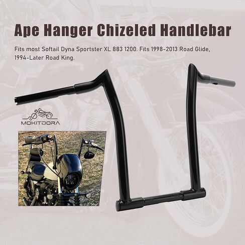 MoKitDora 10" Rise 1-1/4" Fat 1" Clamp Ape Hanger Chizeled Handlebar Z Bar for Harley Dyna Softail Sportster XL 883/1200, 1994-up Road King & 1998-2013 Road Glide, Gloss Black in Kuwait