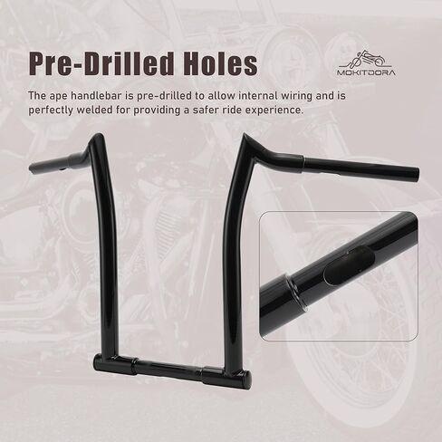 MoKitDora 12 بوصة ارتفاع 1-1/4 بوصة سمين 1 بوصة مشبك Ape Hanger Chizeled Handlebar Z Bar لـ Harley Dyna Softail Sportster XL 883/1200، 1994-up Road King & 1998-2013 Road Glide، أسود لامع in Saudi Arabia