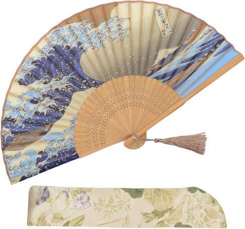 Leehome Hand Held Silk Folding Fans with Bamboo Frame - with a Fabric Sleeve for Protection - Chinese/Japanese Vintage Retro Style (Kanagawa Sea Waves) in Saudi Arabia