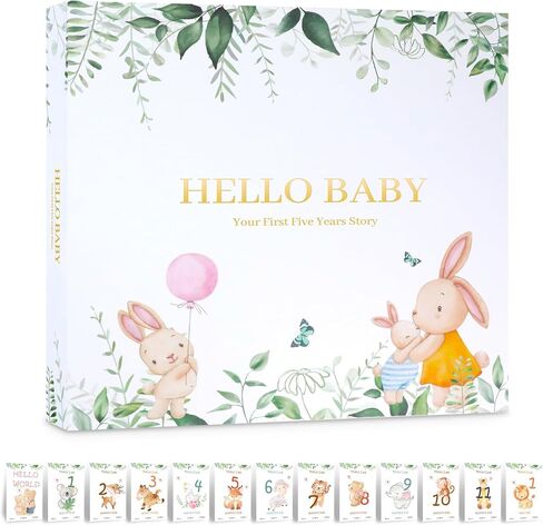 SALUOKE Baby Memory Book Album: First 5 Year Baby Books for Baby Boy or Girl,Gender Neutral Woodland Scrapbook Keepsake, Journal and Photo Album,Baby Shower Gifts (13 Milestone Cards Included) in Kuwait