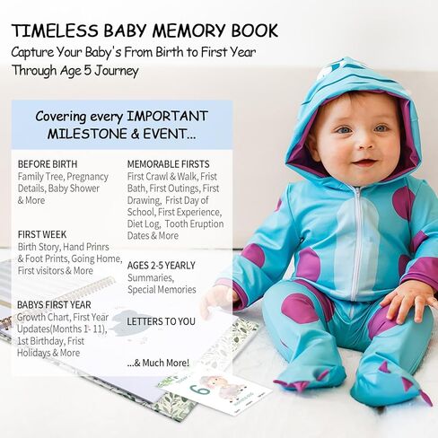 SALUOKE Baby Memory Book Album: First 5 Year Baby Books for Baby Boy or Girl,Gender Neutral Woodland Scrapbook Keepsake, Journal and Photo Album,Baby Shower Gifts (13 Milestone Cards Included) in Kuwait