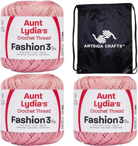 خيط كروشيه أنيق من Aunt Lydia مقاس 3 بنفسجي ناعم 182-1040 (3-Skeins) نفس مجموعة الصبغة مقاس 30 حزمة قطن مرسيريزد 100% ناعمة مع 1 حقيبة Artsiga Craft in Kuwait