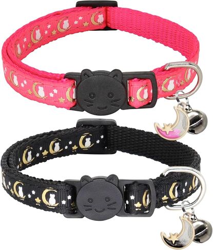 2 Pack Breakaway Cat Collar with Bells, Adjustable Moon and Star Kitten Safety Collars for Boys & Girls, Black+Blue in Kuwait