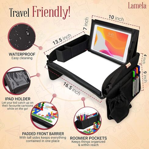Lamela Kids Travel Tray - Kids Car Seat Lap Tray for Toddler & Kids Car Seat Activities - Learn, Play & Draw with Sturdy Dry Erase Board, Pockets for Cups, Tablet Holder Stand & Kids Stuff Organizer in Saudi Arabia