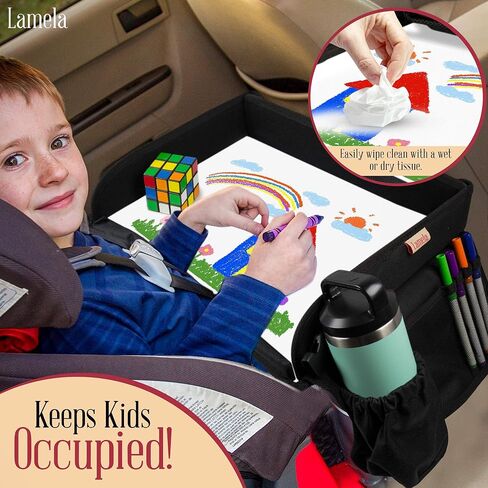 Lamela Kids Travel Tray - Kids Car Seat Lap Tray for Toddler & Kids Car Seat Activities - Learn, Play & Draw with Sturdy Dry Erase Board, Pockets for Cups, Tablet Holder Stand & Kids Stuff Organizer in Saudi Arabia
