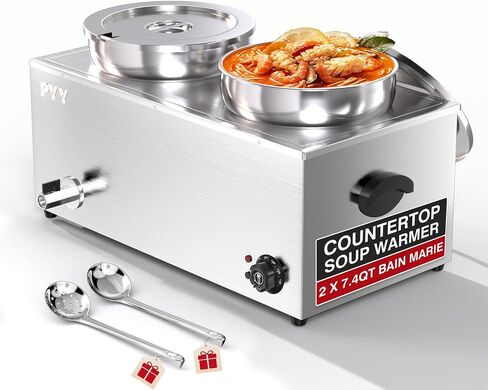 PYY Soup Warmer Commercial - Two 7.4QT Stainless Steel Bain Marie Round Pot 86~185°F Adjustable Temp, 1500W Electric Soup Warmer Countertop with Anti-Dry Burn and Reset Button for Restaurant, Buffet in Saudi Arabia