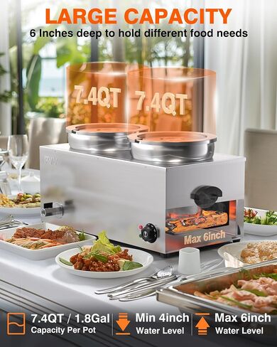 PYY Soup Warmer Commercial - Two 7.4QT Stainless Steel Bain Marie Round Pot 86~185°F Adjustable Temp, 1500W Electric Soup Warmer Countertop with Anti-Dry Burn and Reset Button for Restaurant, Buffet in Saudi Arabia