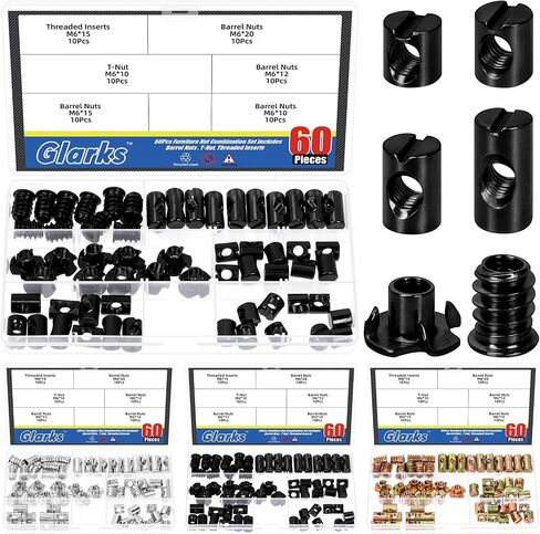 Glarks 60pcs M6 x 10/12/15/20mm Black Cross Dowel Hammer Nut Assortment Kit, Includes 40pcs Barrel Nuts, 10pcs Wood Inserts Bolt Furniture Screw, 10pcs 4-Pronged Tee Nut in Saudi Arabia