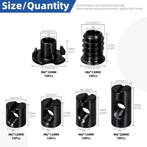 Glarks 60pcs M6 x 10/12/15/20mm Black Cross Dowel Hammer Nut Assortment Kit, Includes 40pcs Barrel Nuts, 10pcs Wood Inserts Bolt Furniture Screw, 10pcs 4-Pronged Tee Nut in Saudi Arabia