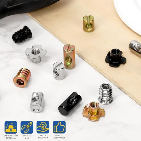 Glarks 60pcs M6 x 10/12/15/20mm Black Cross Dowel Hammer Nut Assortment Kit, Includes 40pcs Barrel Nuts, 10pcs Wood Inserts Bolt Furniture Screw, 10pcs 4-Pronged Tee Nut in Saudi Arabia