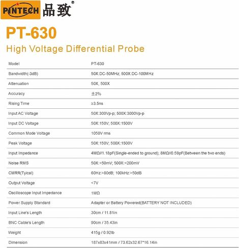 PINTECH OSCILLSOSCOPE PROBE 1500V ، 100 ميجا هرتز الجهد العالي مجموعة التحقيق التفاضلي 3.5NS الوقت الصعود 1: 20/200 معدل التوهين ، PT-615 in Saudi Arabia