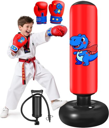 Inflatable Punching Bag for Kids: Qoosea 48 Inches Kids Punching Bags with Boxing Gloves & Air,Pump Blue Dinosaur Design Gift for Toddler & Kid Ages 3-10,Easy to Inflate,Durable Safe Punch Bag in Saudi Arabia