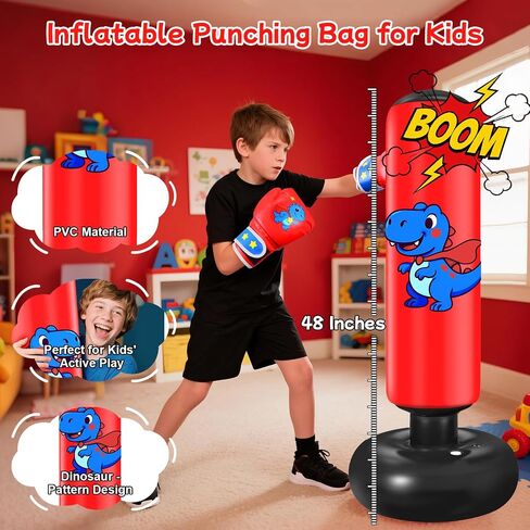 Inflatable Punching Bag for Kids: Qoosea 48 Inches Kids Punching Bags with Boxing Gloves & Air,Pump Blue Dinosaur Design Gift for Toddler & Kid Ages 3-10,Easy to Inflate,Durable Safe Punch Bag in Saudi Arabia