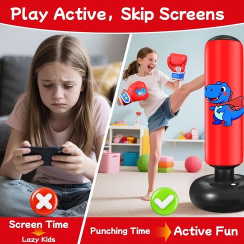 Inflatable Punching Bag for Kids: Qoosea 48 Inches Kids Punching Bags with Boxing Gloves & Air,Pump Blue Dinosaur Design Gift for Toddler & Kid Ages 3-10,Easy to Inflate,Durable Safe Punch Bag in Saudi Arabia