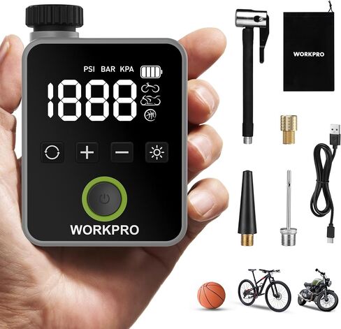 WORKPRO Mini Electric Bike Pump, 140 PSI Portable Bicycle Tire Pump with Gauge, Digital Display, Auto Shut-Off, 3 Modes, LED Light, Fast Inflate Bike Tire Pump for Motorcycle, Bicycle, Balls in Saudi Arabia