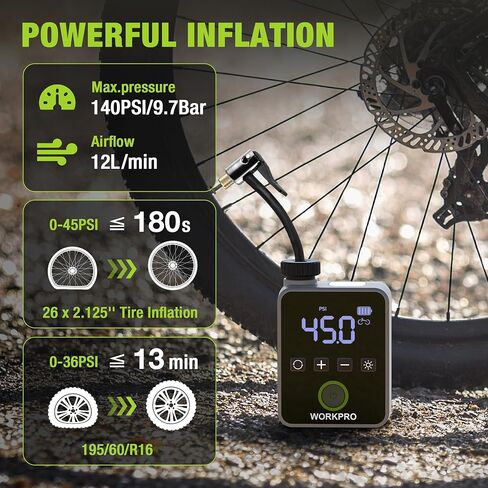 WORKPRO Mini Electric Bike Pump, 140 PSI Portable Bicycle Tire Pump with Gauge, Digital Display, Auto Shut-Off, 3 Modes, LED Light, Fast Inflate Bike Tire Pump for Motorcycle, Bicycle, Balls in Saudi Arabia