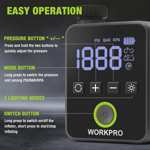 WORKPRO Mini Electric Bike Pump, 140 PSI Portable Bicycle Tire Pump with Gauge, Digital Display, Auto Shut-Off, 3 Modes, LED Light, Fast Inflate Bike Tire Pump for Motorcycle, Bicycle, Balls in Saudi Arabia