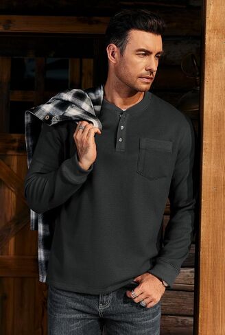 Mens Waffle Fleece-Lined Henley Shirts Heavyweight Thermal Long Sleeve Casual Solid Pullover (S-XXL) in Saudi Arabia