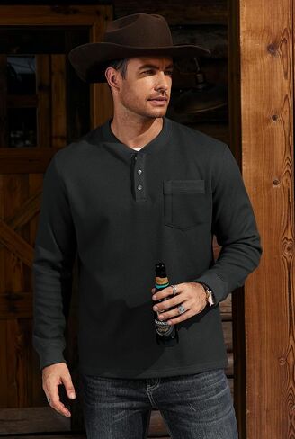Mens Waffle Fleece-Lined Henley Shirts Heavyweight Thermal Long Sleeve Casual Solid Pullover (S-XXL) in Saudi Arabia