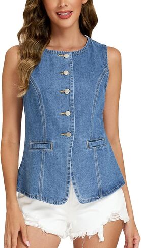 Ladyful Womens Denim Vest Top Jean Vest Tank Top Sleeveless Blazer Boat Neck Summer Western Waistcoat with Pockets in Saudi Arabia