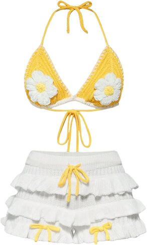 MakeMeChic Women's 2 Piece Set Summer Outfits 3D Floral Halter Top and Wide Leg Shorts Coverup in Saudi Arabia