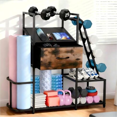Dumbbell Rack for Home Gym, 5-Tier Metal Home Gym Storage Rack with Drawer and Slanted Shelf, Multi-Functional Organizer for Dumbbells, Yoga Mats & Accessories, Weight Rack for Home Gym Dumbbells in Saudi Arabia