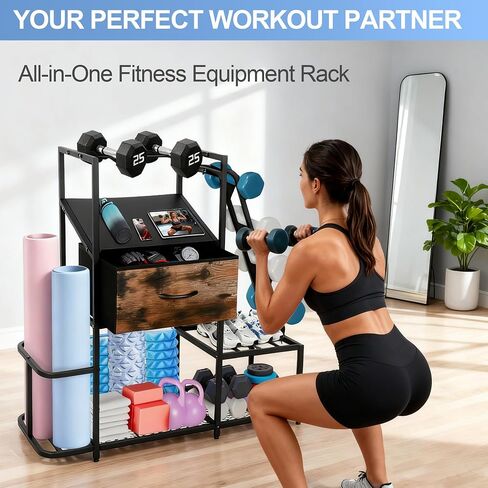 Dumbbell Rack for Home Gym, 5-Tier Metal Home Gym Storage Rack with Drawer and Slanted Shelf, Multi-Functional Organizer for Dumbbells, Yoga Mats & Accessories, Weight Rack for Home Gym Dumbbells in Saudi Arabia
