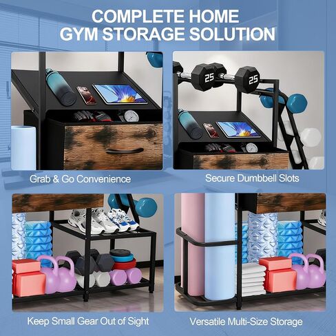 Dumbbell Rack for Home Gym, 5-Tier Metal Home Gym Storage Rack with Drawer and Slanted Shelf, Multi-Functional Organizer for Dumbbells, Yoga Mats & Accessories, Weight Rack for Home Gym Dumbbells in Saudi Arabia