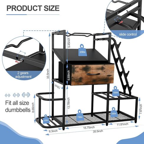 Dumbbell Rack for Home Gym, 5-Tier Metal Home Gym Storage Rack with Drawer and Slanted Shelf, Multi-Functional Organizer for Dumbbells, Yoga Mats & Accessories, Weight Rack for Home Gym Dumbbells in Saudi Arabia