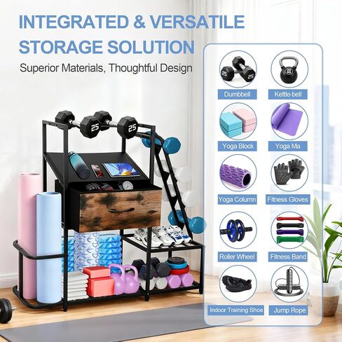 Dumbbell Rack for Home Gym, 5-Tier Metal Home Gym Storage Rack with Drawer and Slanted Shelf, Multi-Functional Organizer for Dumbbells, Yoga Mats & Accessories, Weight Rack for Home Gym Dumbbells in Saudi Arabia