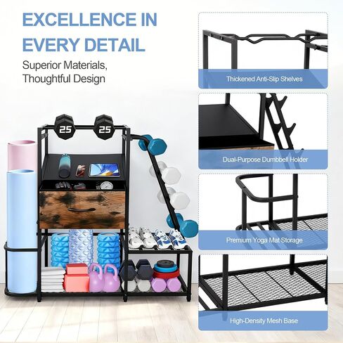 Dumbbell Rack for Home Gym, 5-Tier Metal Home Gym Storage Rack with Drawer and Slanted Shelf, Multi-Functional Organizer for Dumbbells, Yoga Mats & Accessories, Weight Rack for Home Gym Dumbbells in Saudi Arabia
