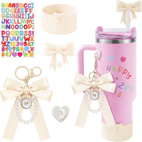 إكسسوارات عصرية متعددة الوظائف للهاتف وكوب ستانلي 30 أونصة 40 أونصة مع قطعتين من حزام مقبض زجاجة المياه، زينة القوس DIY، حذاء من السيليكون، غطاء من القش ستانلي للأطفال كهدية باللون الأرجواني in Kuwait