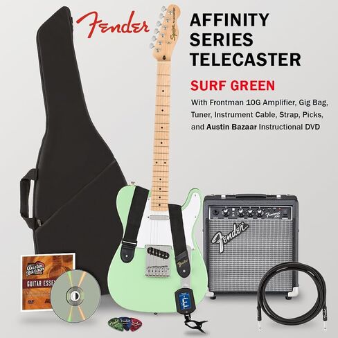 جهاز بث من سلسلة Fender Affinity - حزمة Surf Green مع مضخم صوت Frontman 10G، وحقيبة الحفلة، والموالف، وكابل الآلة، والحزام، واللقطات، وأقراص DVD التعليمية لأوستن بازار in Saudi Arabia