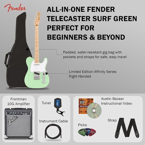 جهاز بث من سلسلة Fender Affinity - حزمة Surf Green مع مضخم صوت Frontman 10G، وحقيبة الحفلة، والموالف، وكابل الآلة، والحزام، واللقطات، وأقراص DVD التعليمية لأوستن بازار in Saudi Arabia