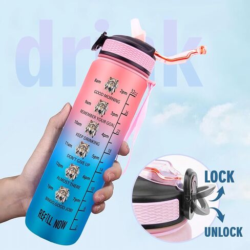 32oz Wolf Water Bottle with Time Marker, One-Click Open, Wide Mouth, BPA Free, Motivational Tracker (Pink) in Saudi Arabia