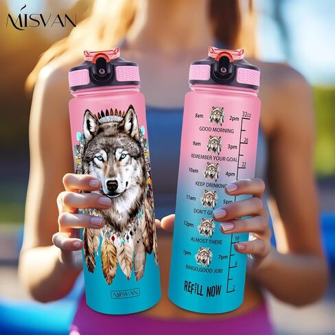 32oz Wolf Water Bottle with Time Marker, One-Click Open, Wide Mouth, BPA Free, Motivational Tracker (Pink) in Saudi Arabia
