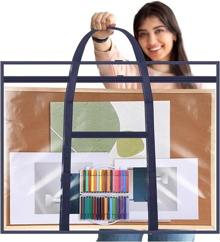 حالة محفظة فنية كبيرة 48 "× 36" تخزين الملصقات Bag Bulletin Board Board Container PVC مع سستة مقابض الجيب لمنظمة العمل الفنية للمعلمين (Black ، Grid) in Kuwait