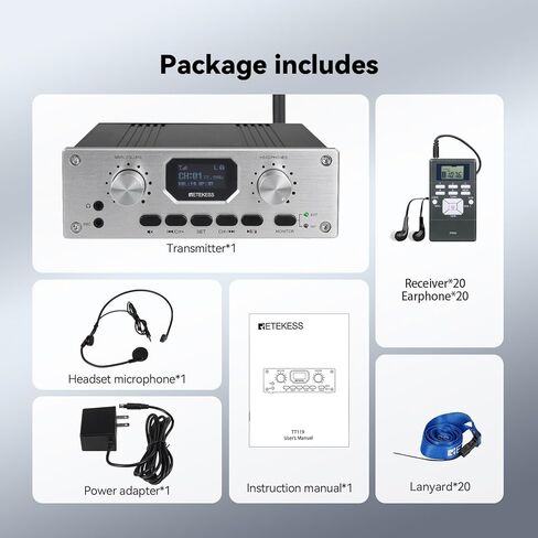 Retekess TT119 Church Translation System, Assistive Listening System, 300m/980ft, Support Stereo Input, Recording Function, Simultaneous Interpretation Devices for Court (1 Transmitter 10 Receivers) in Saudi Arabia