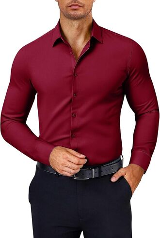 Mens Dress Shirts Muscle Long Sleeve Button Down Blouses Classic Solid Wrinkle-Free Formal Office Tops Dress Shirt in Saudi Arabia